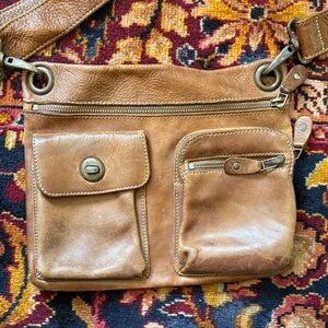 Roots Brown Leather Crossbody Bag with Double Front Pockets